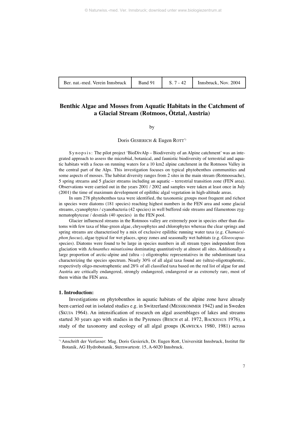 Benthic Algae and Mosses from Aquatic Habitats in the Catchment of a Glacial Stream (Rotmoos, Ötztal, Austria)