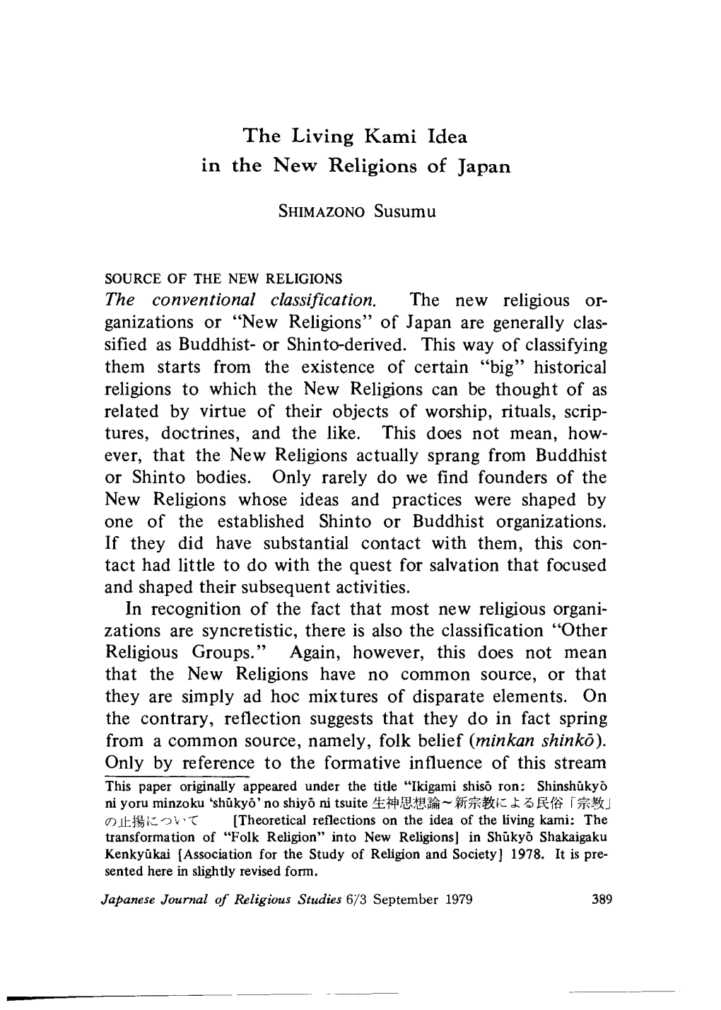 The Living Kami Idea in the New Religions of Japan