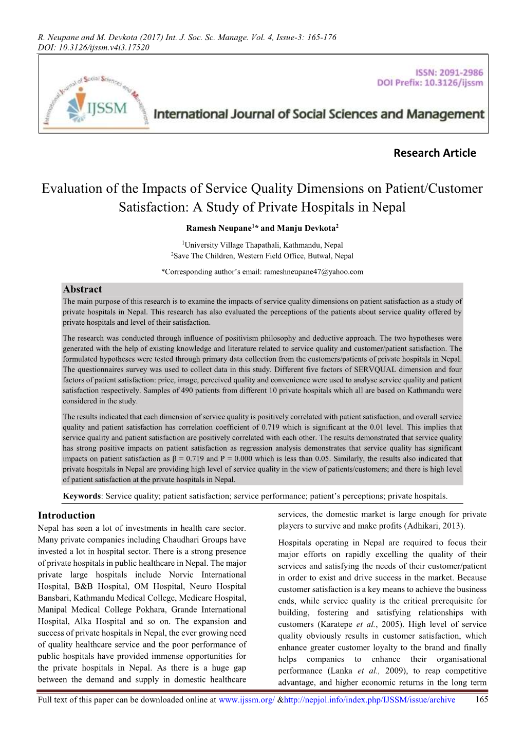 Evaluation of the Impacts of Service Quality Dimensions on Patient/Customer Satisfaction: a Study of Private Hospitals in Nepal