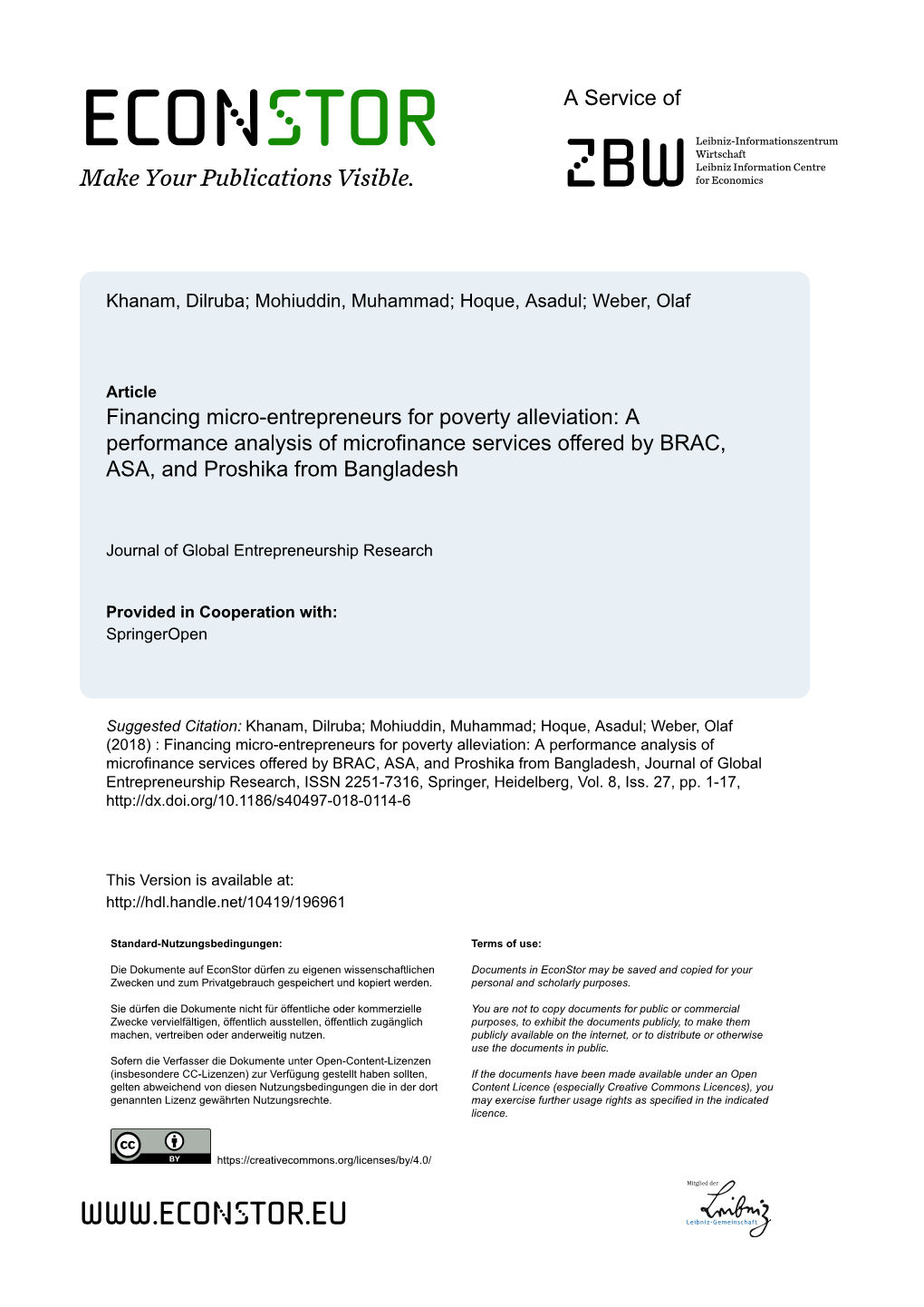 Financing Micro-Entrepreneurs for Poverty Alleviation: a Performance Analysis of Microfinance Services Offered by BRAC, ASA, and Proshika from Bangladesh