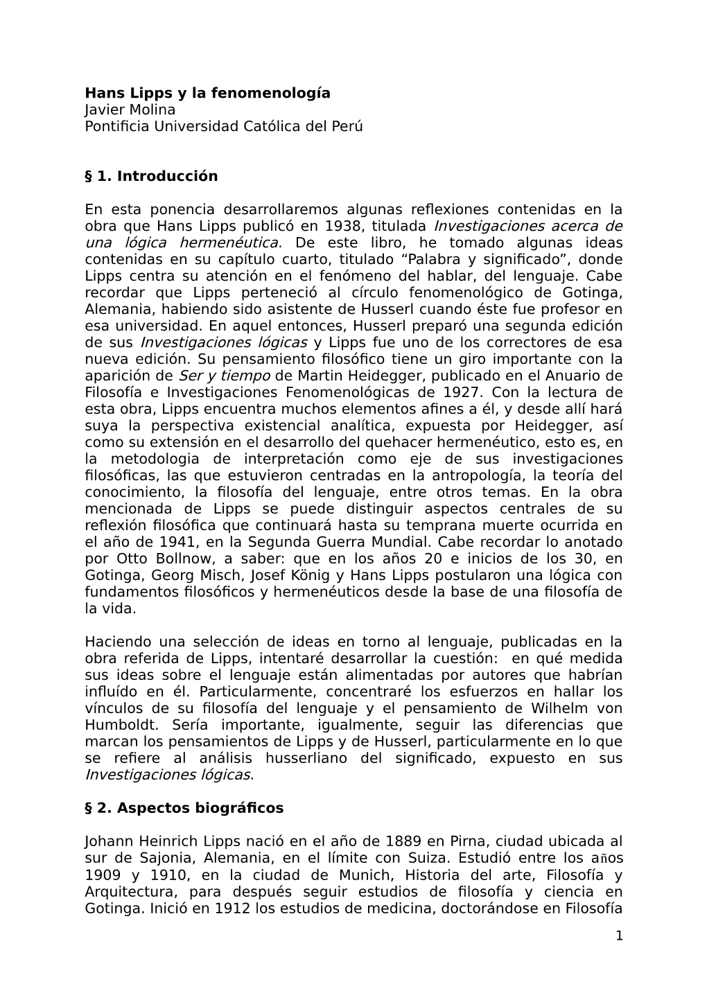 Hans Lipps Y La Fenomenología Javier Molina Pontificia Universidad Católica Del Perú