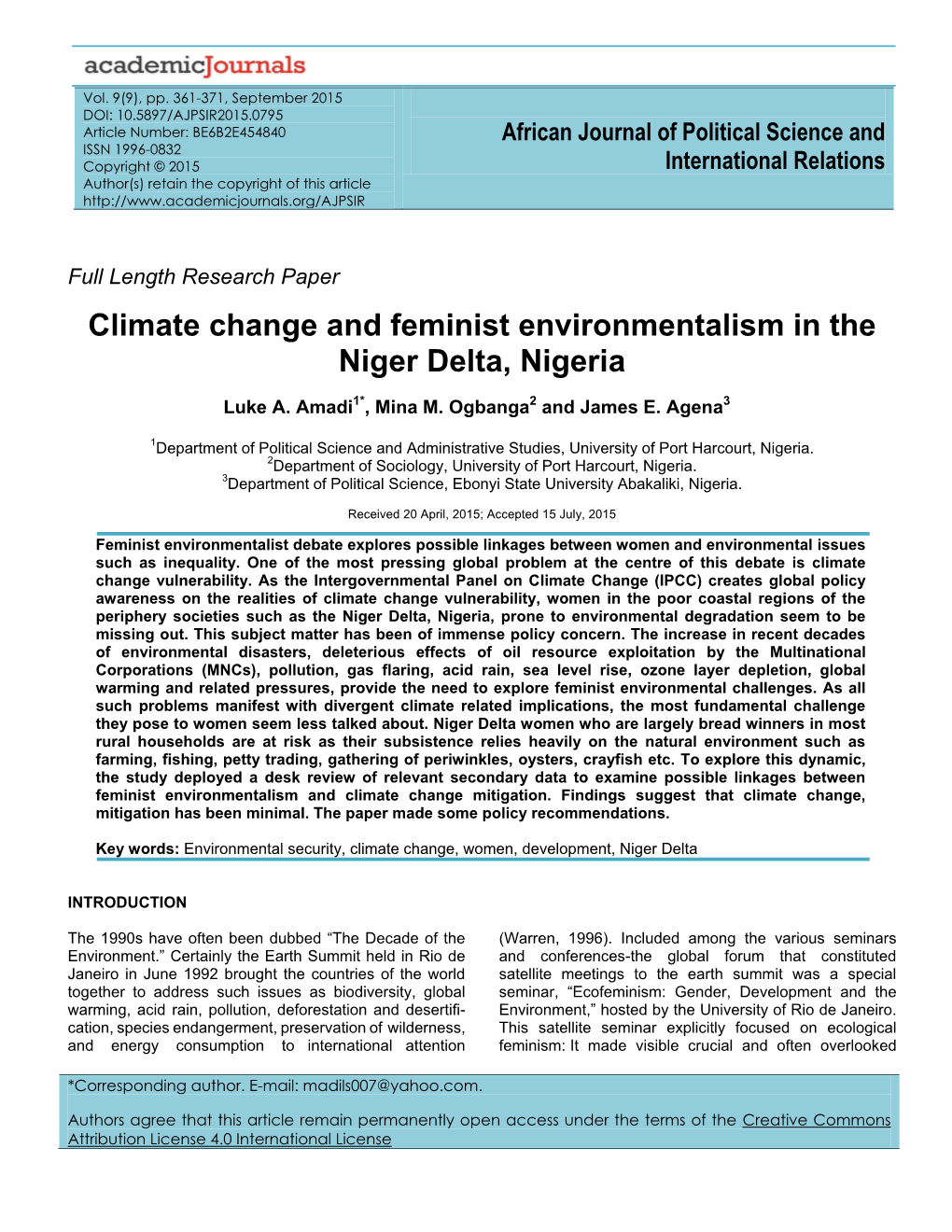 Climate Change and Feminist Environmentalism in the Niger Delta, Nigeria