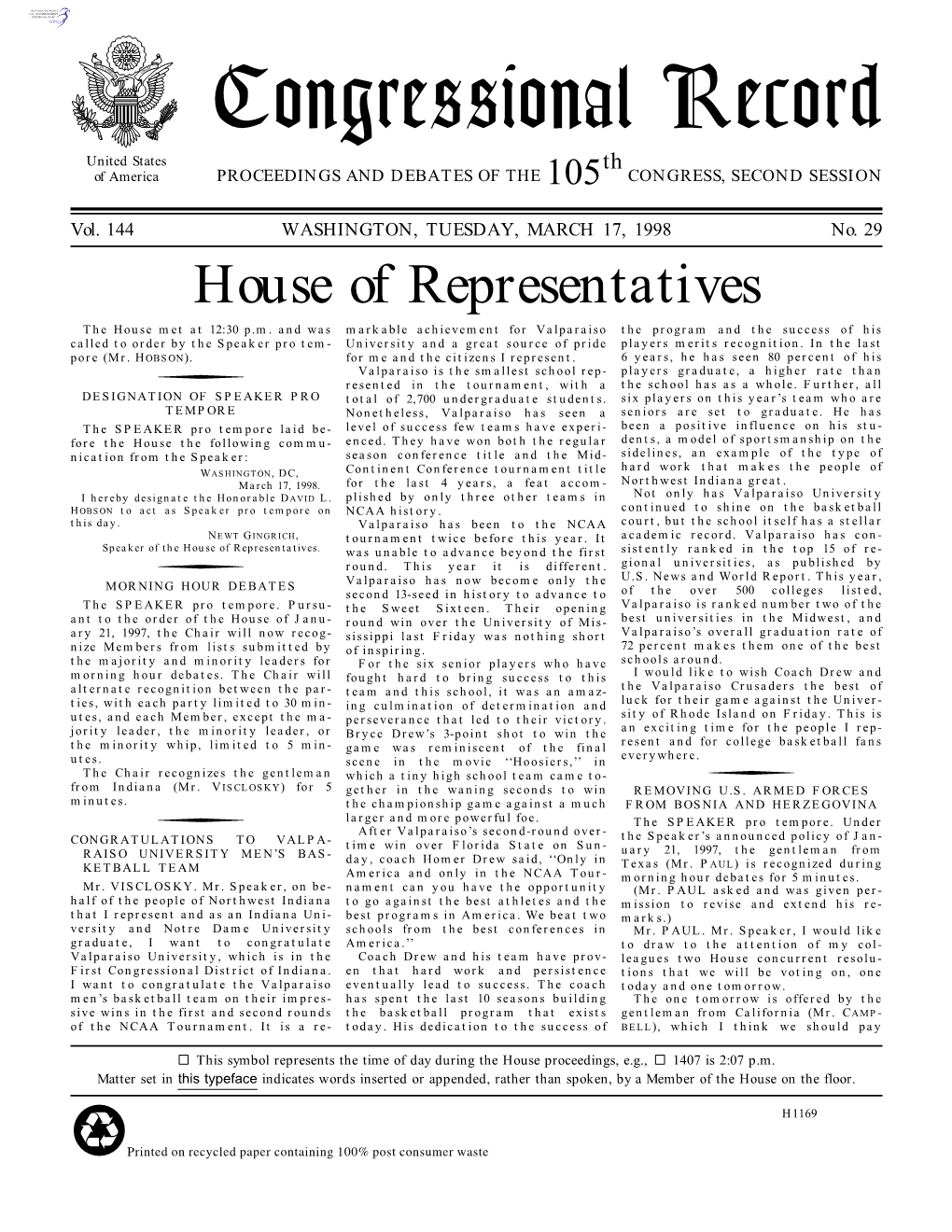 Congressional Record United States Th of America PROCEEDINGS and DEBATES of the 105 CONGRESS, SECOND SESSION