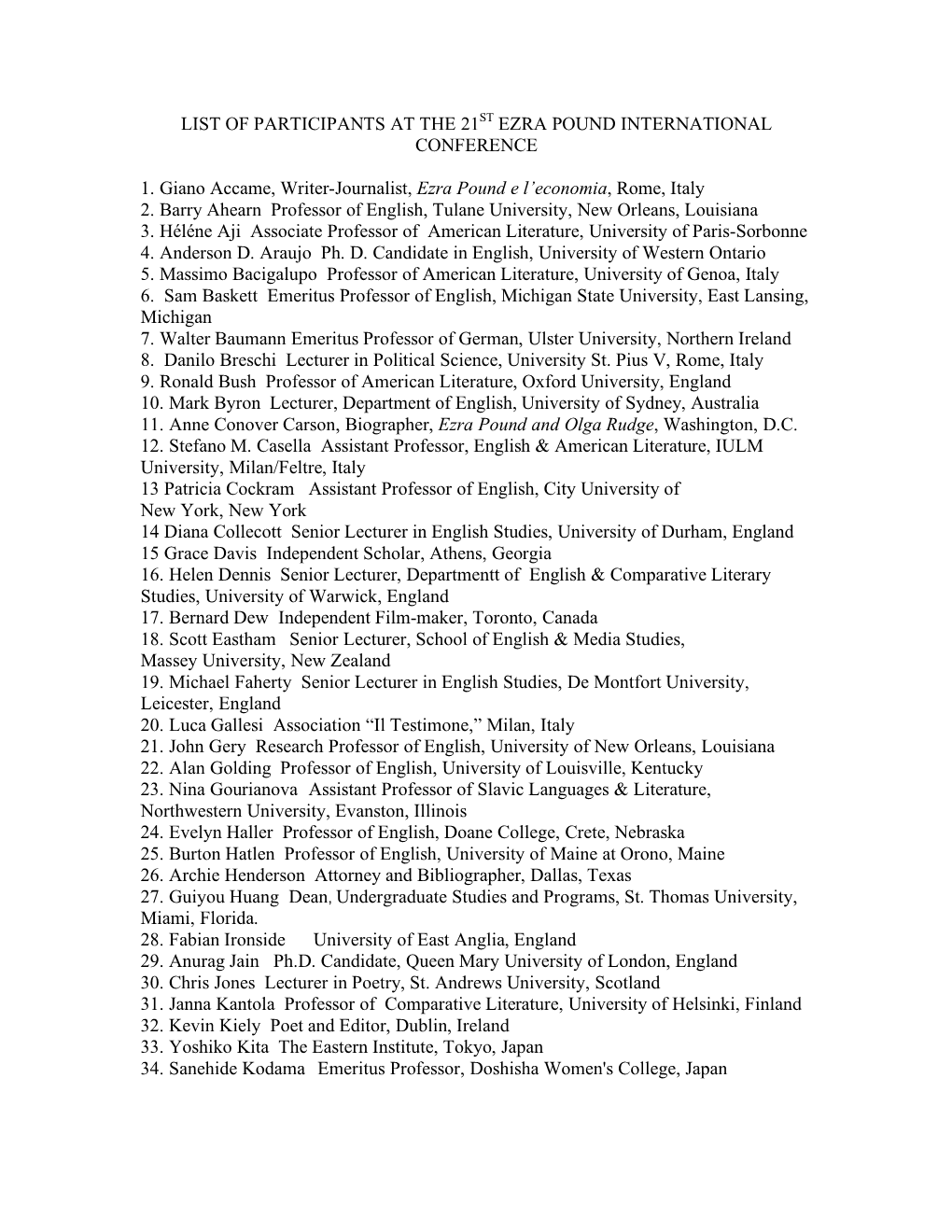 LIST of PARTICIPANTS at the 21ST EZRA POUND INTERNATIONAL CONFERENCE 1. Giano Accame, Writer-Journalist, Ezra Pound E L'econom