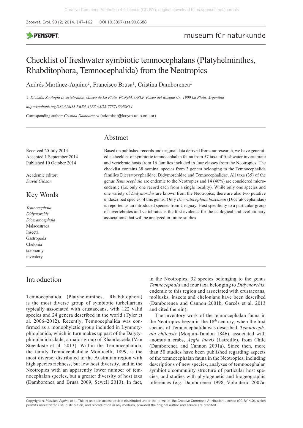 Checklist of Freshwater Symbiotic Temnocephalans (Platyhelminthes, Rhabditophora, Temnocephalida) from the Neotropics