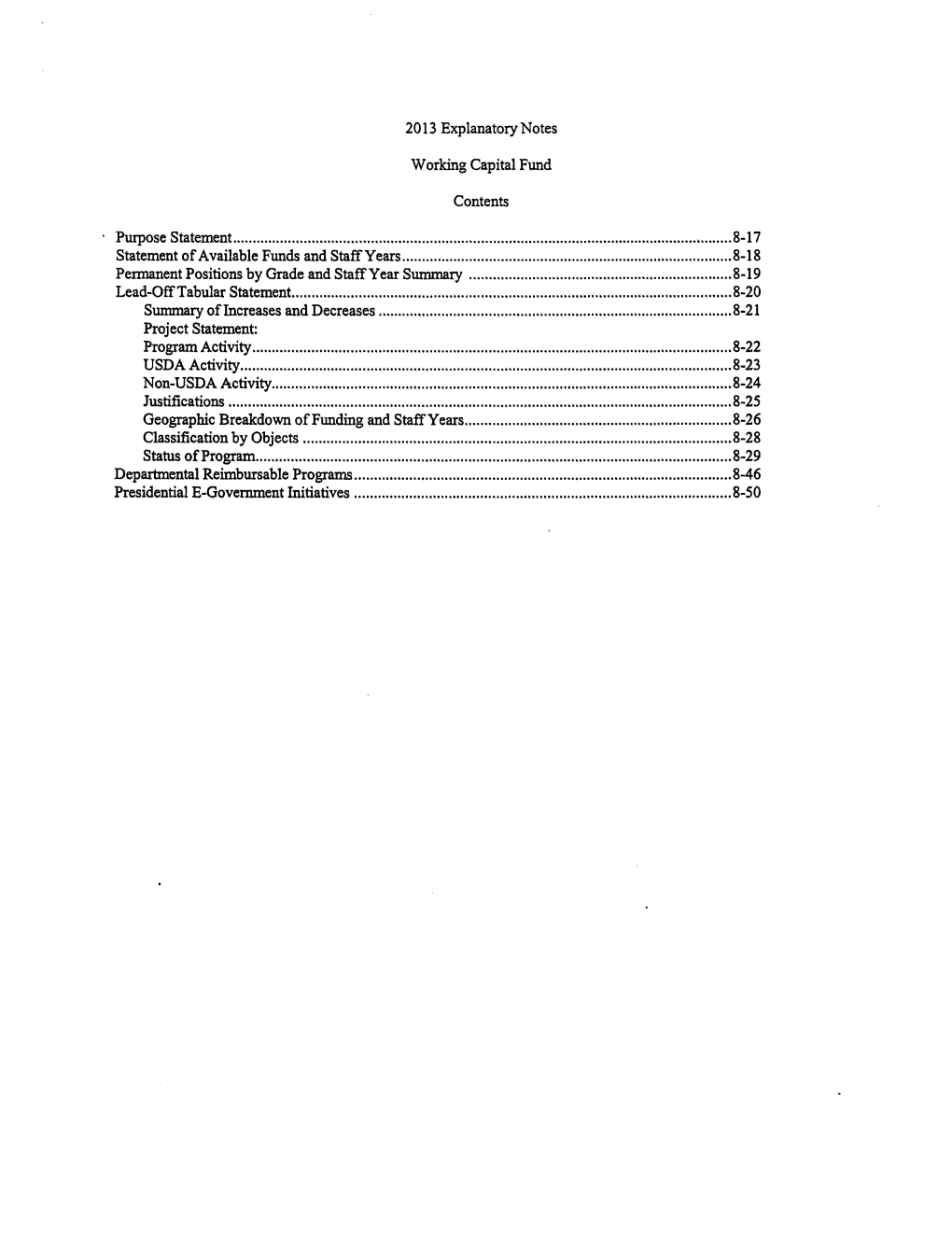 2013 Explanatory Notes Working Capital Fund Contents