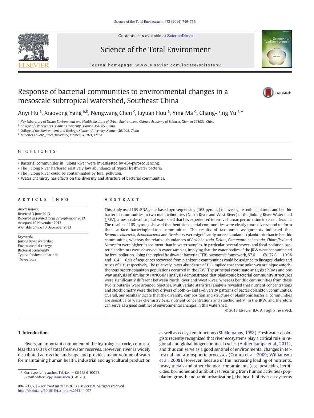 Response of Bacterial Communities to Environmental Changes in a Mesoscale Subtropical Watershed, Southeast China