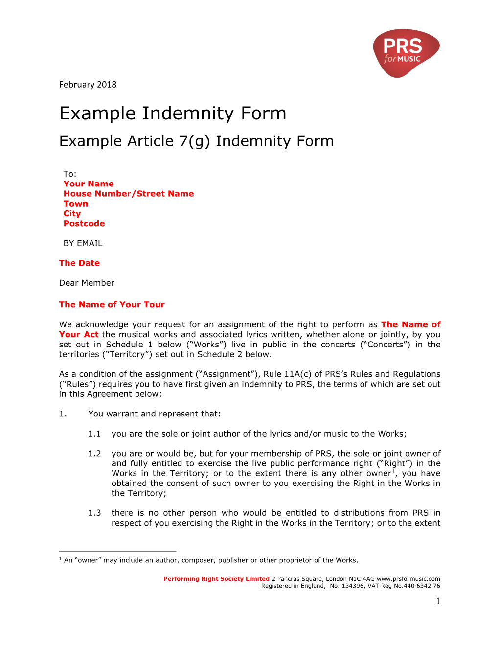 Example Indemnity Form Example Article 7(G) Indemnity Form