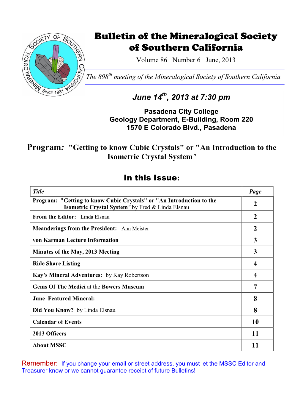 Bulletin of the Mineralogical Society of Southern California