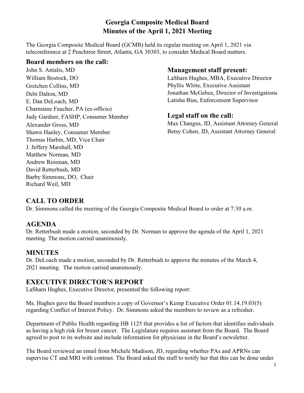 Georgia Composite Medical Board Minutes of the April 1, 2021 Meeting