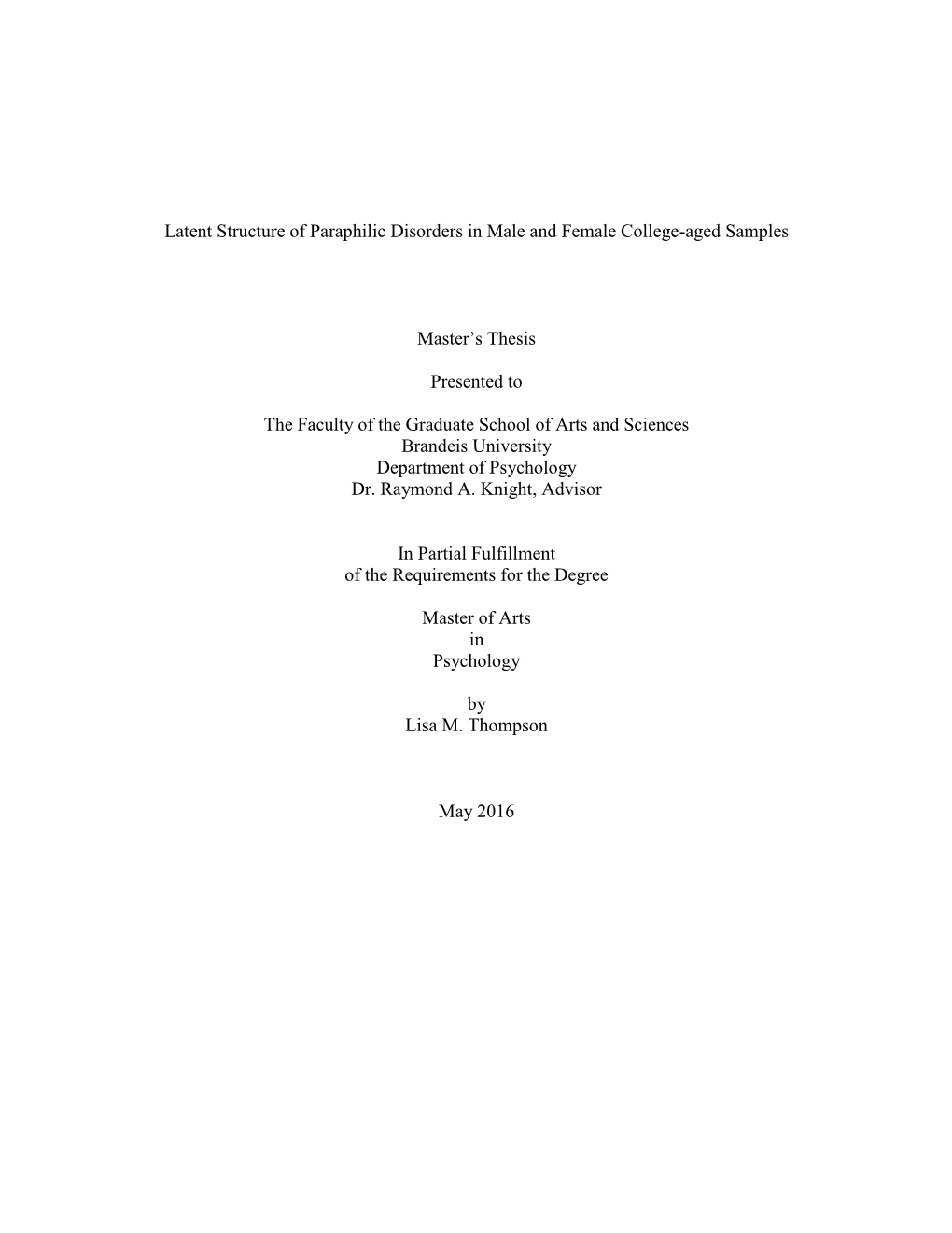 Latent Structure of Paraphilic Disorders in Male and Female College-Aged Samples