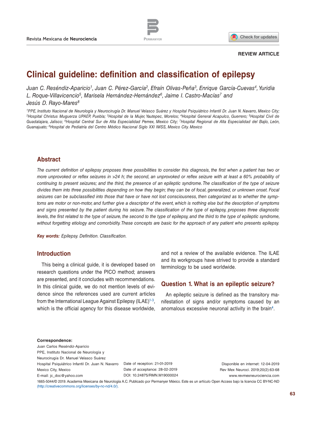 Clinical Guideline: Definition and Classification of Epilepsy