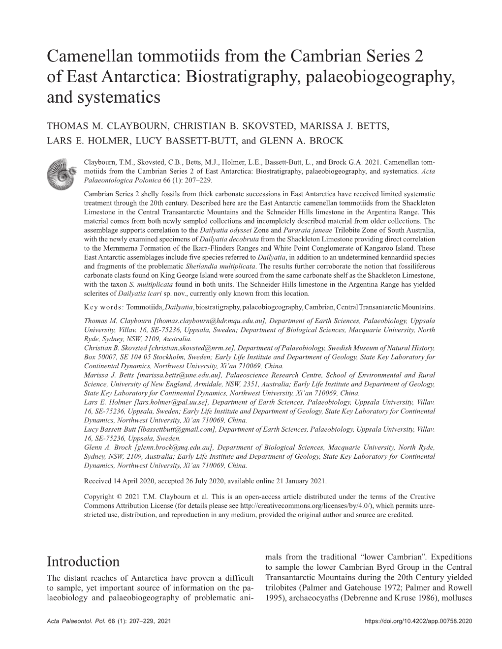 Camenellan Tommotiids from the Cambrian Series 2 of East Antarctica: Biostratigraphy, Palaeobiogeography, and Systematics