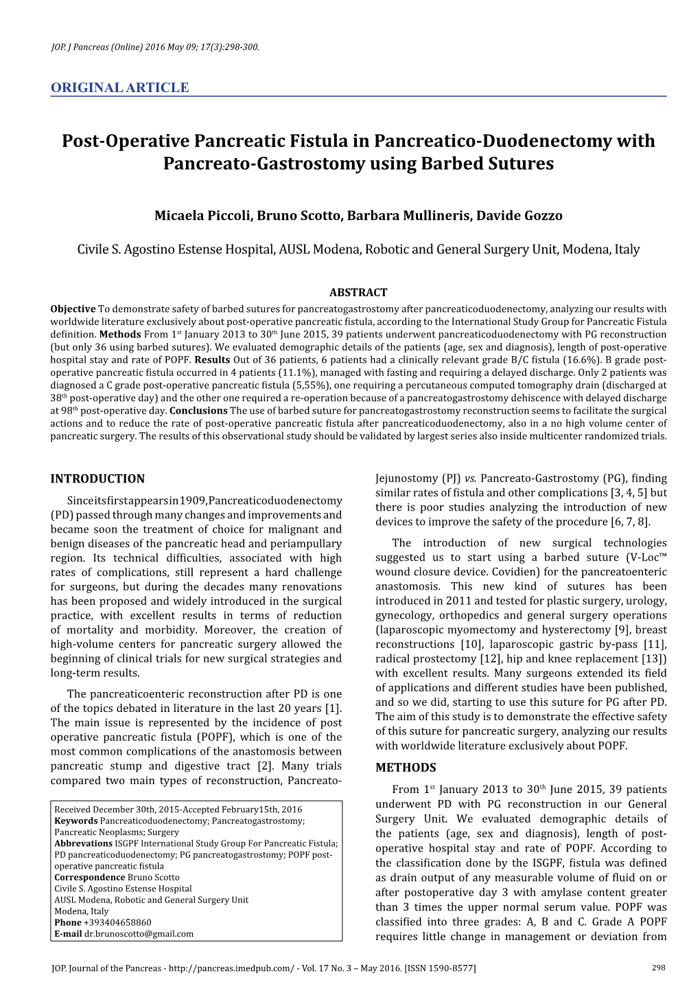 Post-Operative Pancreatic Fistula in Pancreatico-Duodenectomy with Pancreato-Gastrostomy Using Barbed Sutures