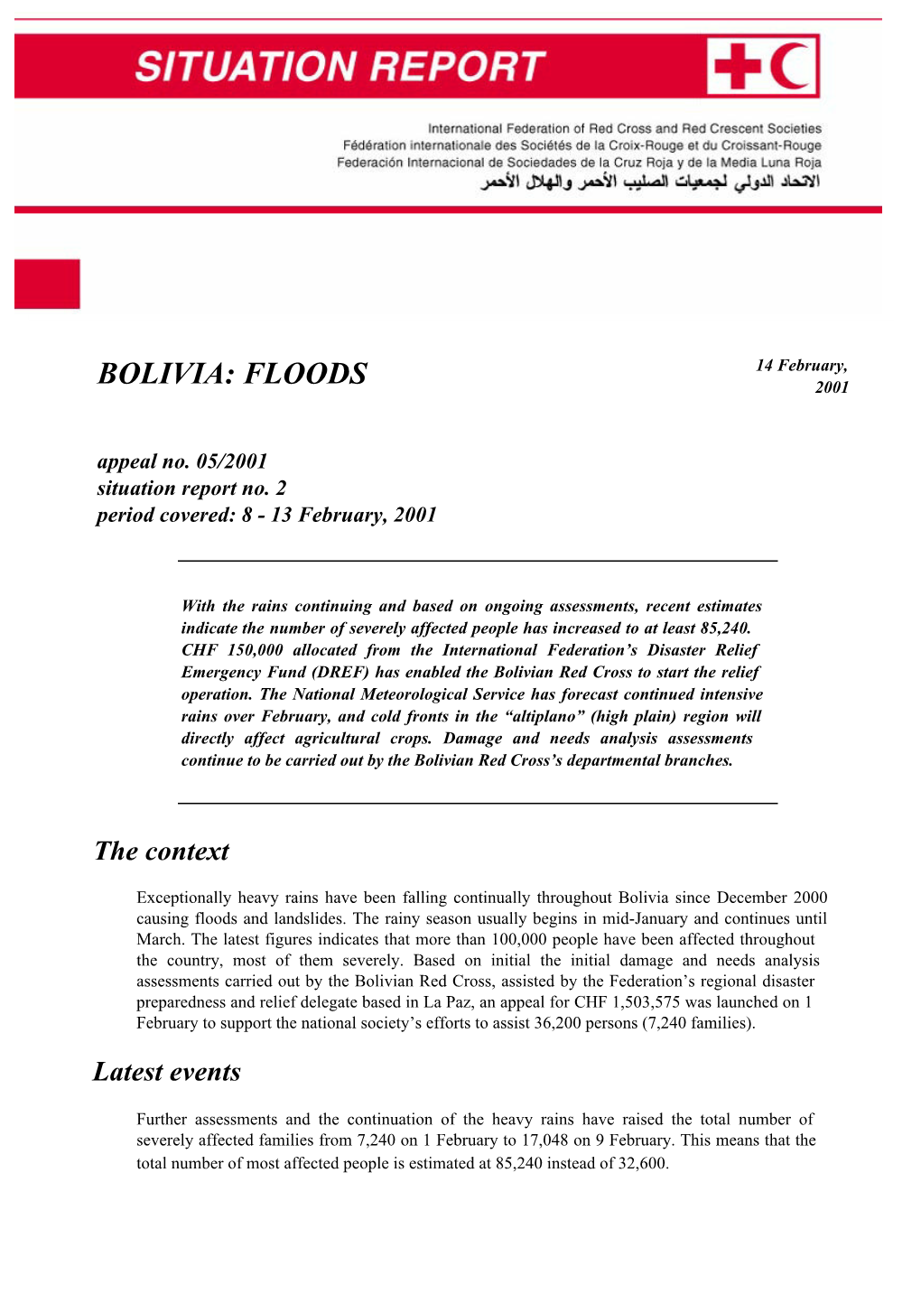 BOLIVIA FLOODS (Appeal 05/2001)