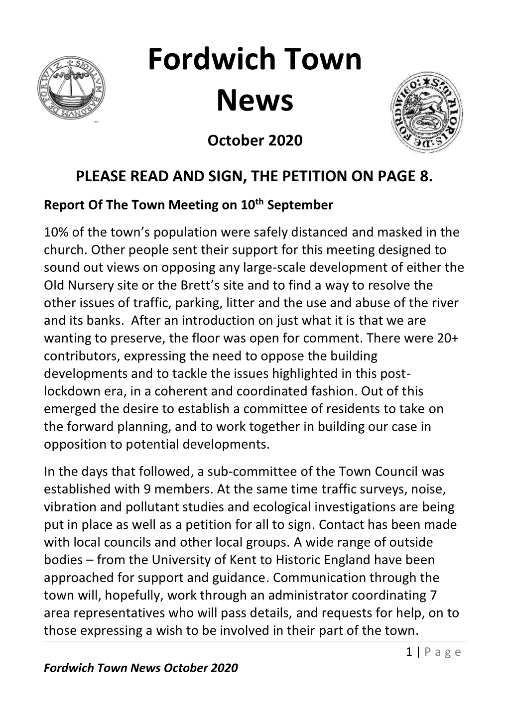 Fordwich Town News October 2020 Details of the Work of the Sub-Committee Will Be Reported Along with the Usual Town Council Report Month by Month