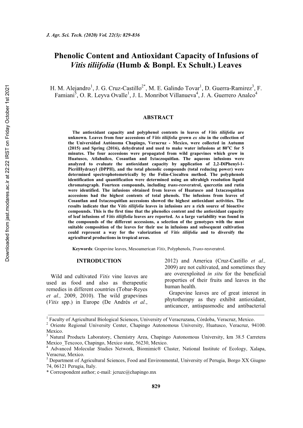 Phenolic Content and Antioxidant Capacity of Infusions of Vitis Tiliifolia (Humb & Bonpl