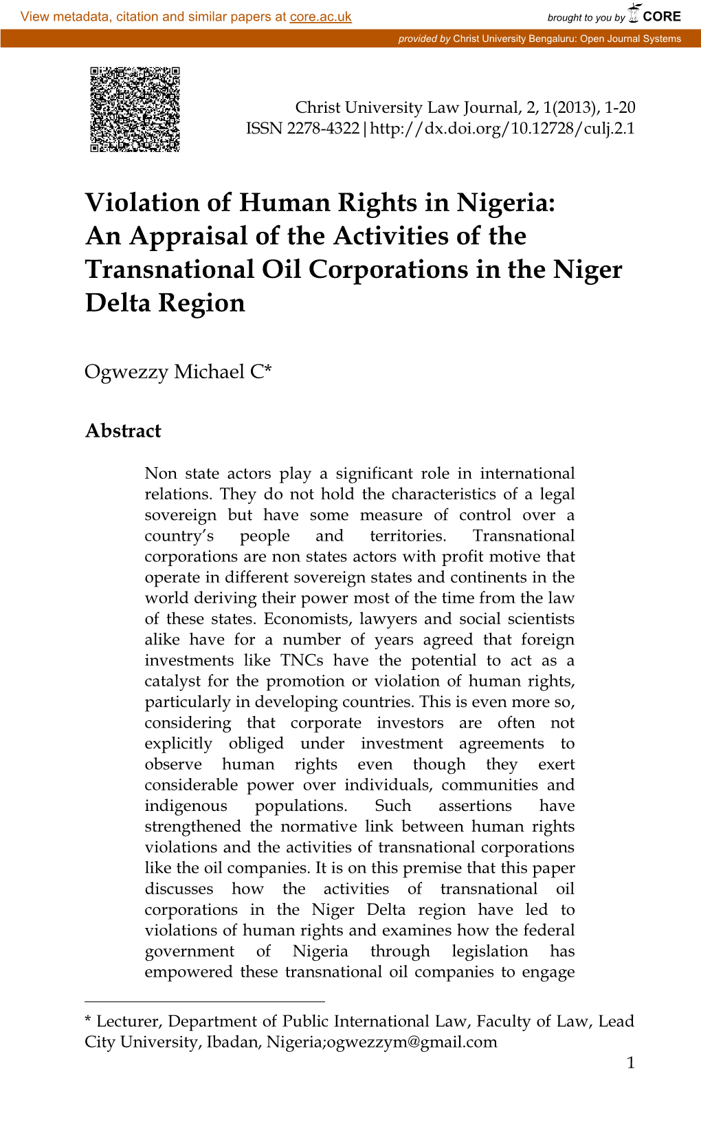 Violation of Human Rights in Nigeria: an Appraisal of the Activities of the Transnational Oil Corporations in the Niger Delta Region