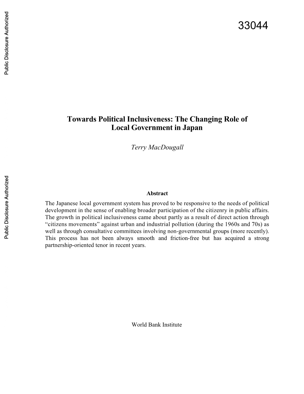 Towards Political Inclusiveness: the Changing Role of Local Government in Japan