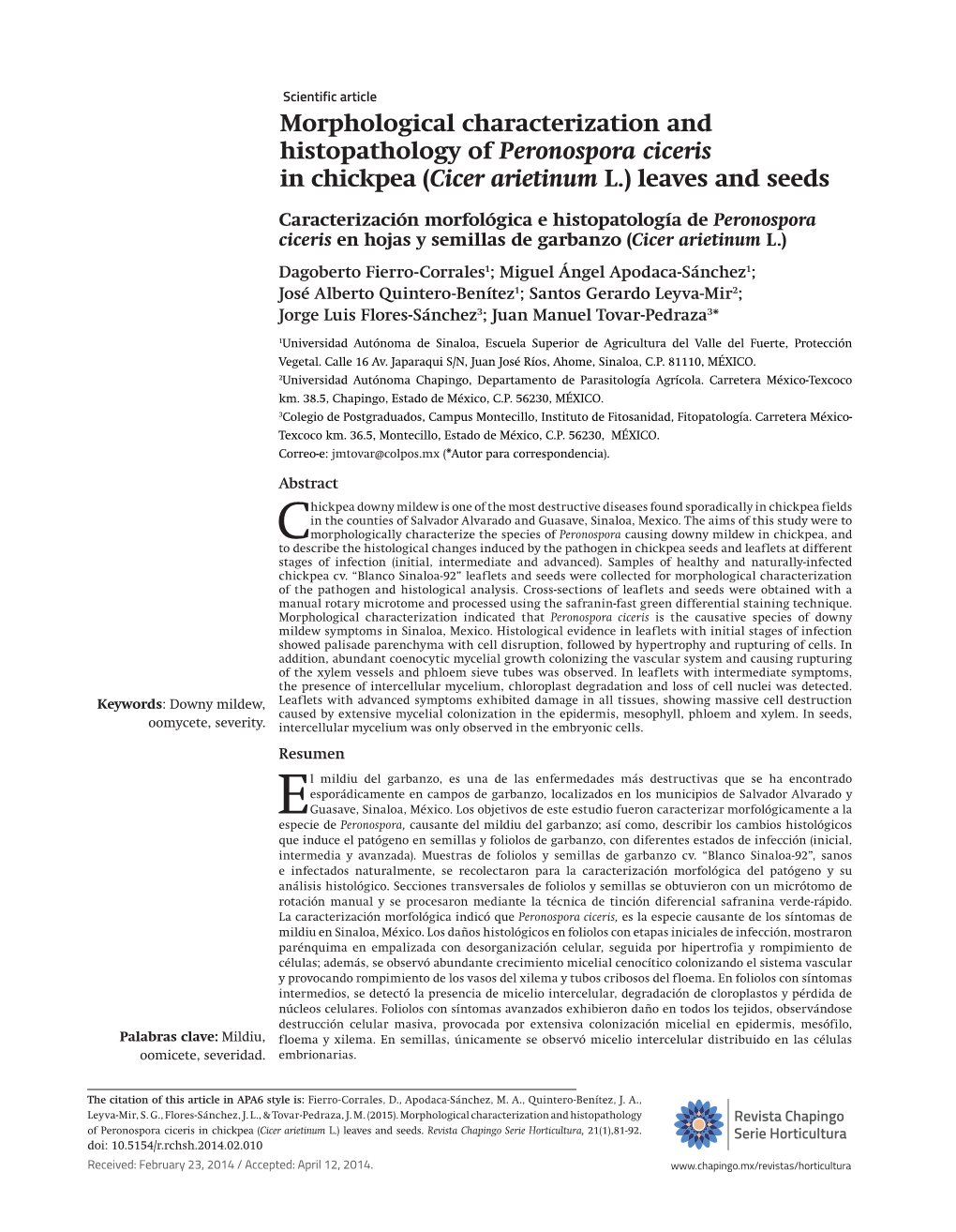 Morphological Characterization and Histopathology of Peronospora Ciceris in Chickpea (Cicer Arietinum L.) Leaves and Seeds