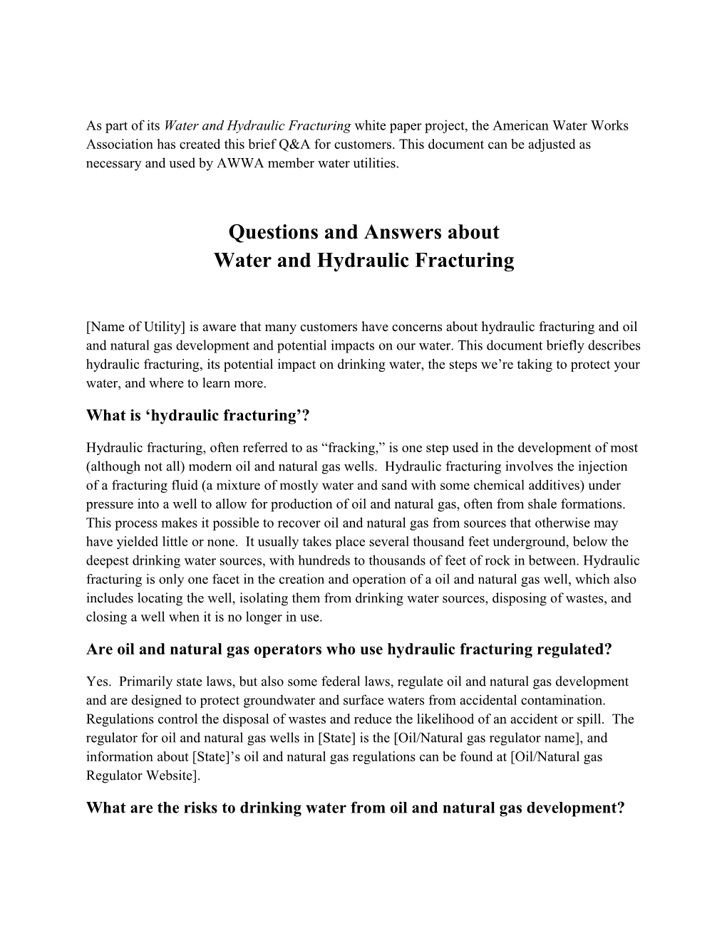 Hydraulic Fracturing FAQ for Water Utilities