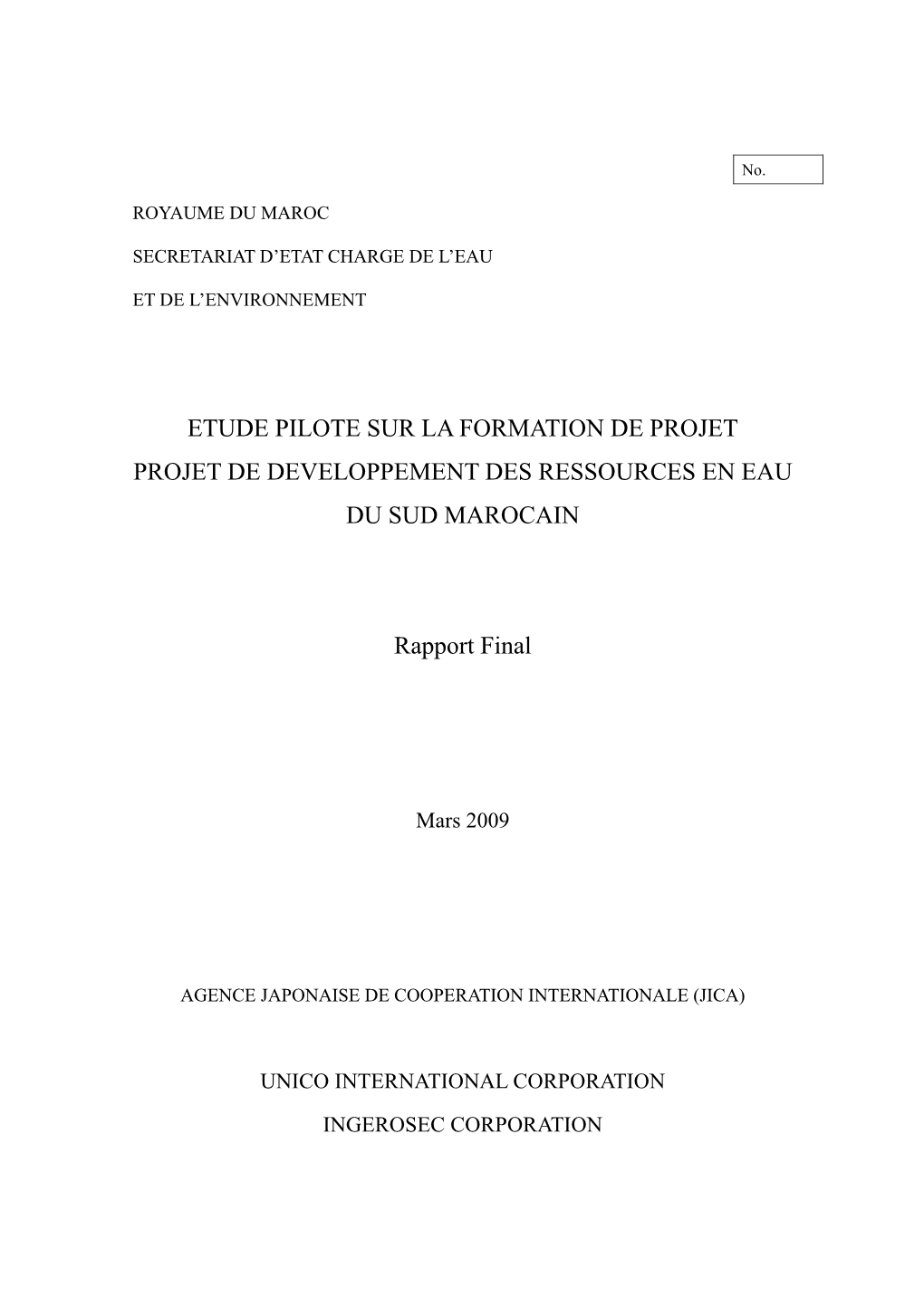 Etude Pilote Sur La Formation De Projet Projet De Developpement Des Ressources En Eau Du Sud Marocain