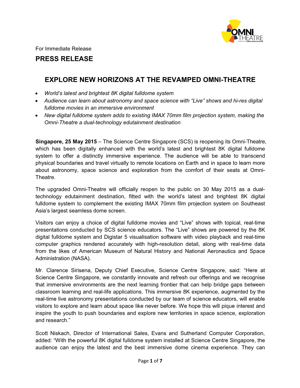 Press Release Explore New Horizons at the Revamped Omni-Theatre