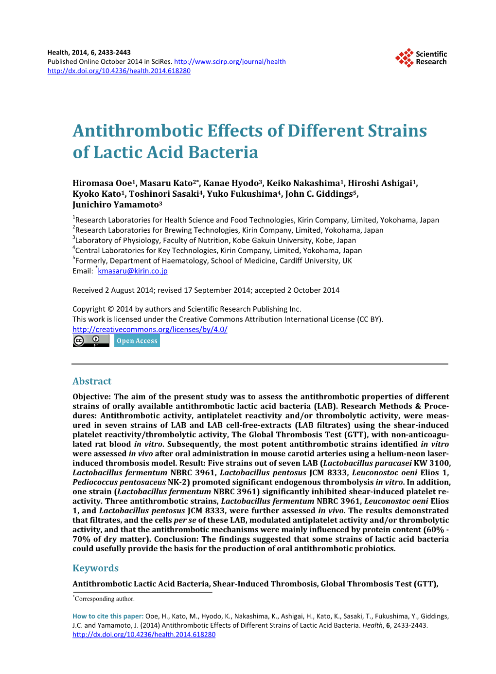 Antithrombotic Effects of Different Strains of Lactic Acid Bacteria