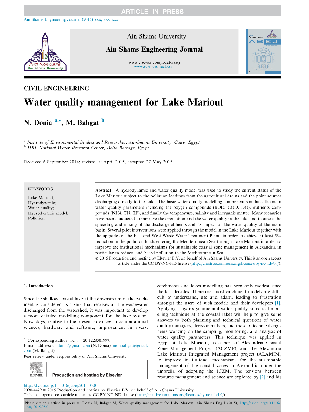 Water Quality Management for Lake Mariout