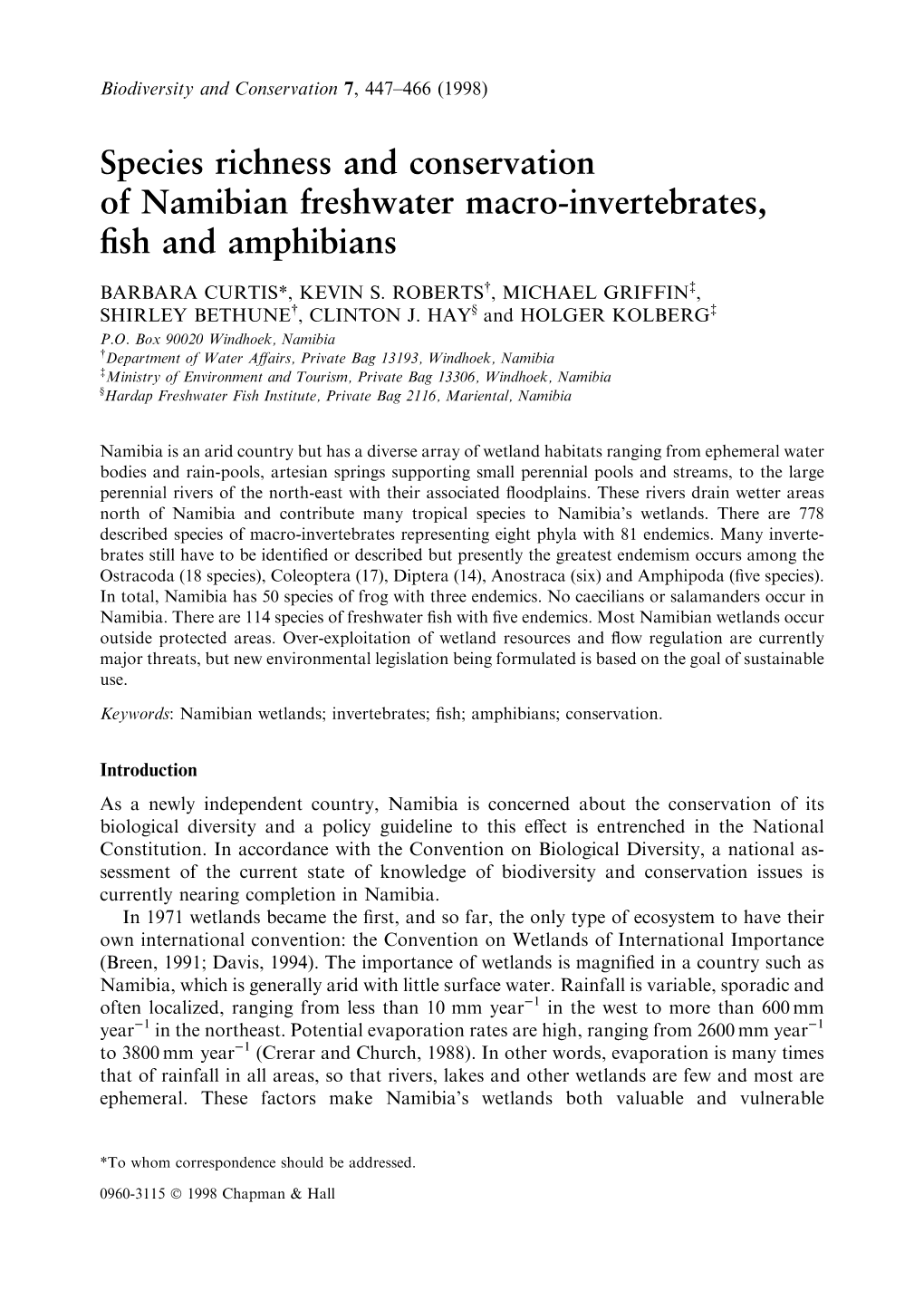 Species Richness and Conservationof Namibian Freshwater Macro