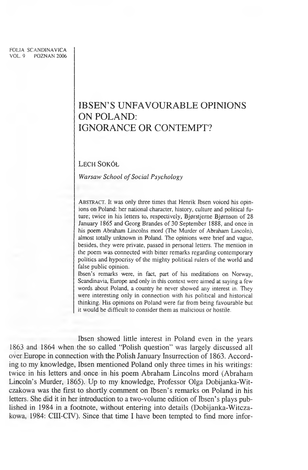 Ibsen's Unfavourable Opinions on Poland: Ignorance Or Contempt ? 203