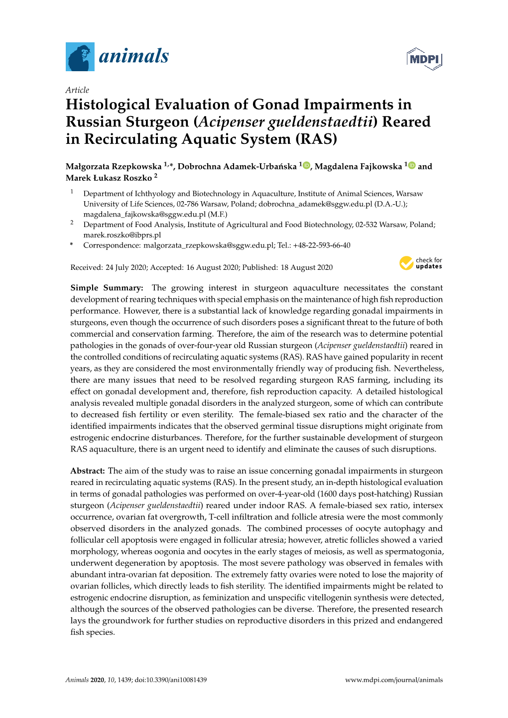 Histological Evaluation of Gonad Impairments in Russian Sturgeon (Acipenser Gueldenstaedtii) Reared in Recirculating Aquatic System (RAS)