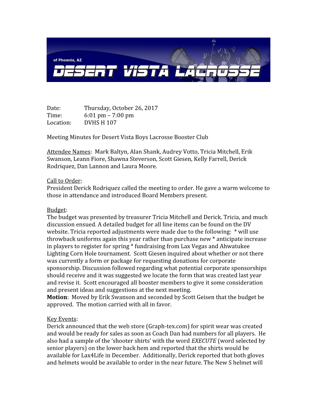 Meeting Minutes for Desert Vista Boys Lacrosse Booster Club
