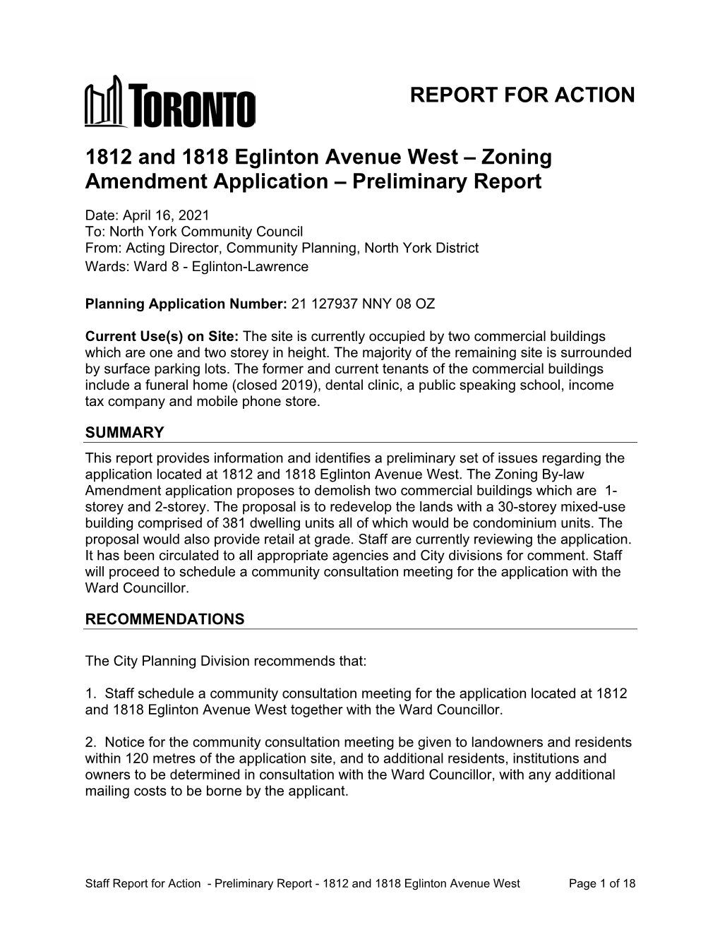 1812 and 1818 Eglinton Avenue West – Zoning Amendment Application – Preliminary Report