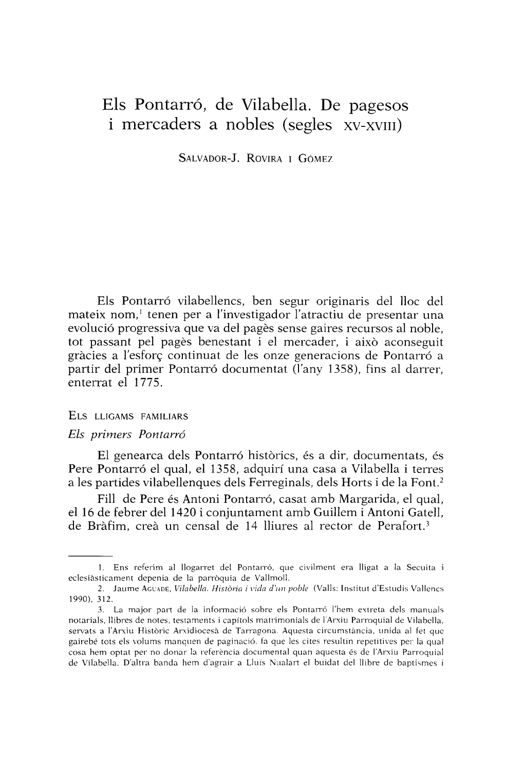 Els Pontarró, De Vilabella. De Pagesos I Mercaders a Nobles (Segles XV-XVIII)