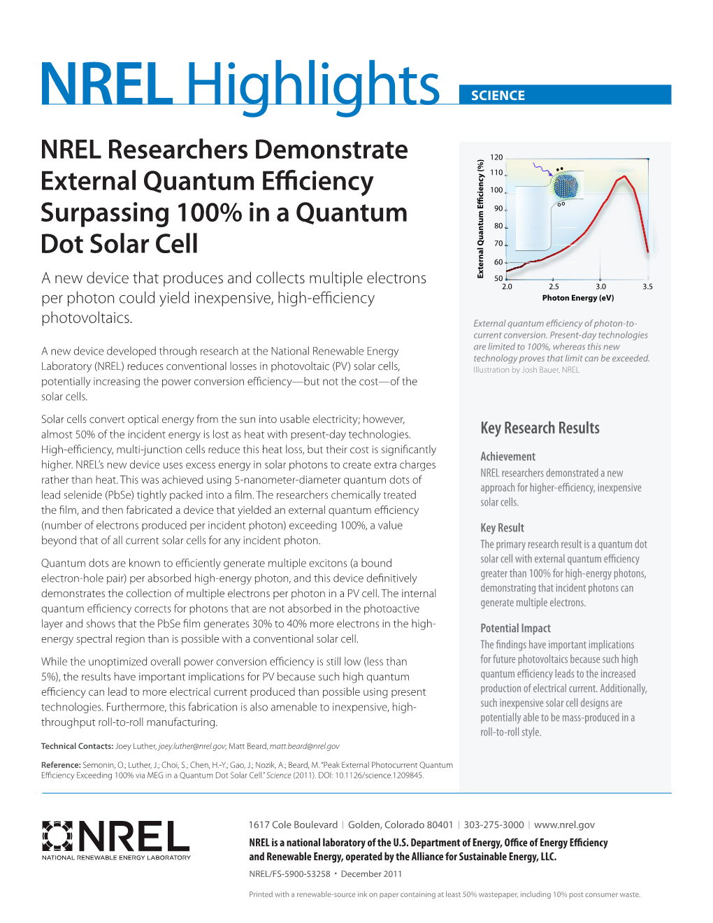 NREL Researchers Demonstrate External Quantum Efficiency