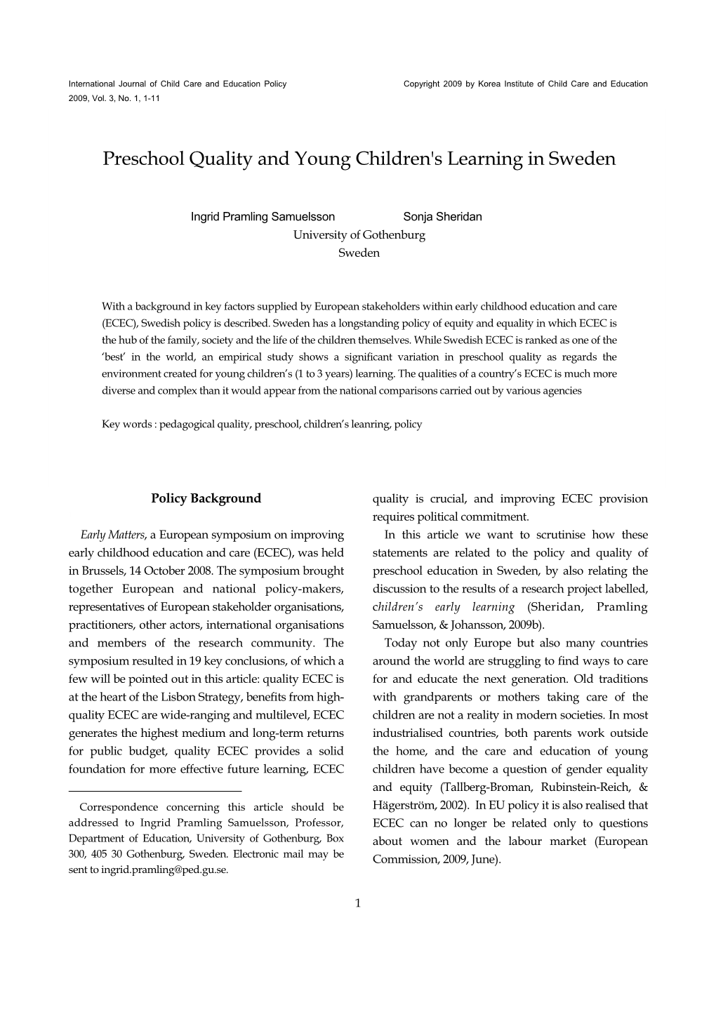 Preschool Quality and Young Children's Learning in Sweden