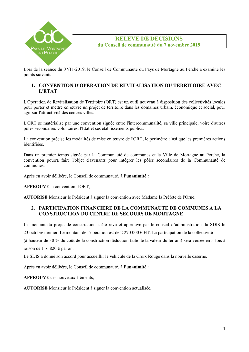 RELEVE DE DECISIONS Du Conseil De Communauté Du 7 Novembre 2019