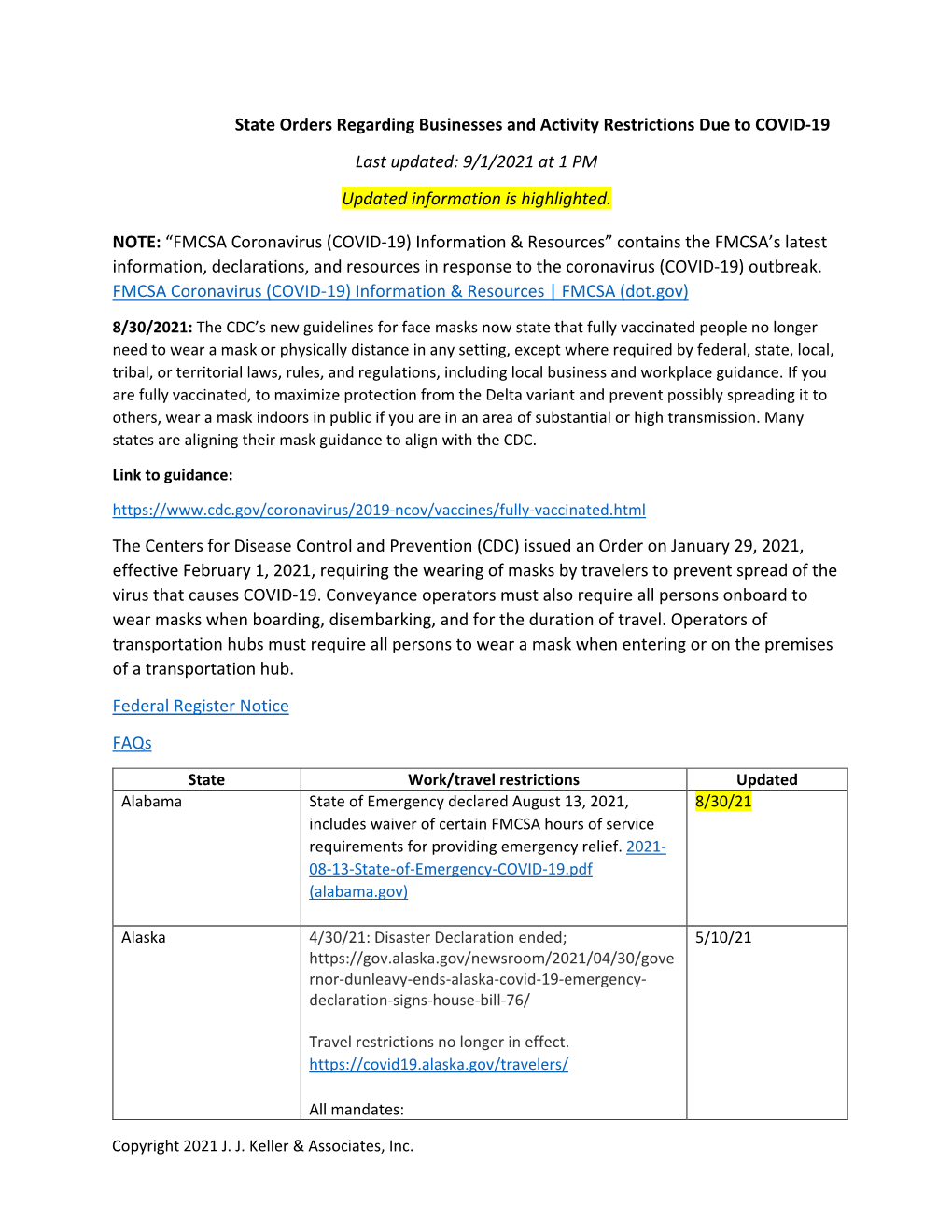 State Orders Regarding Businesses and Activity Restrictions Due to COVID-19 Last Updated: 9/1/2021 at 1 PM Updated Information Is Highlighted