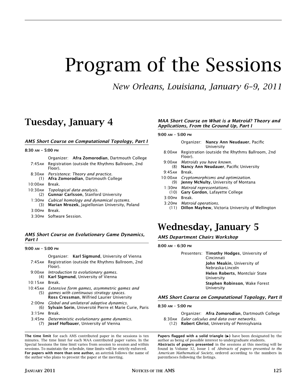 Program of the Sessions New Orleans, Louisiana, January 6–9, 2011