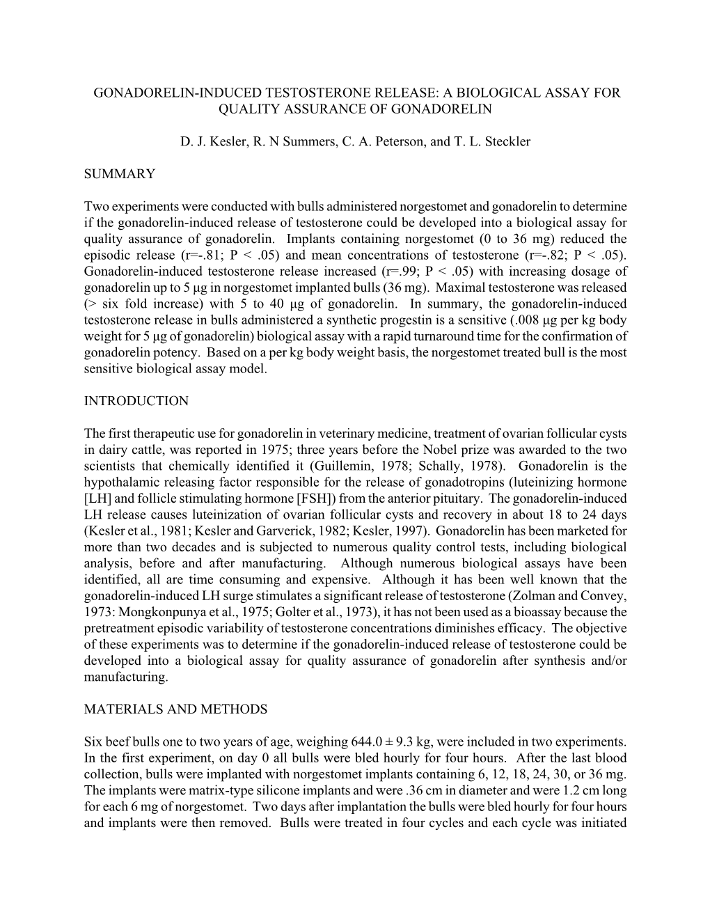 Gonadorelin-Induced Testosterone Release: a Biological Assay for Quality Assurance of Gonadorelin