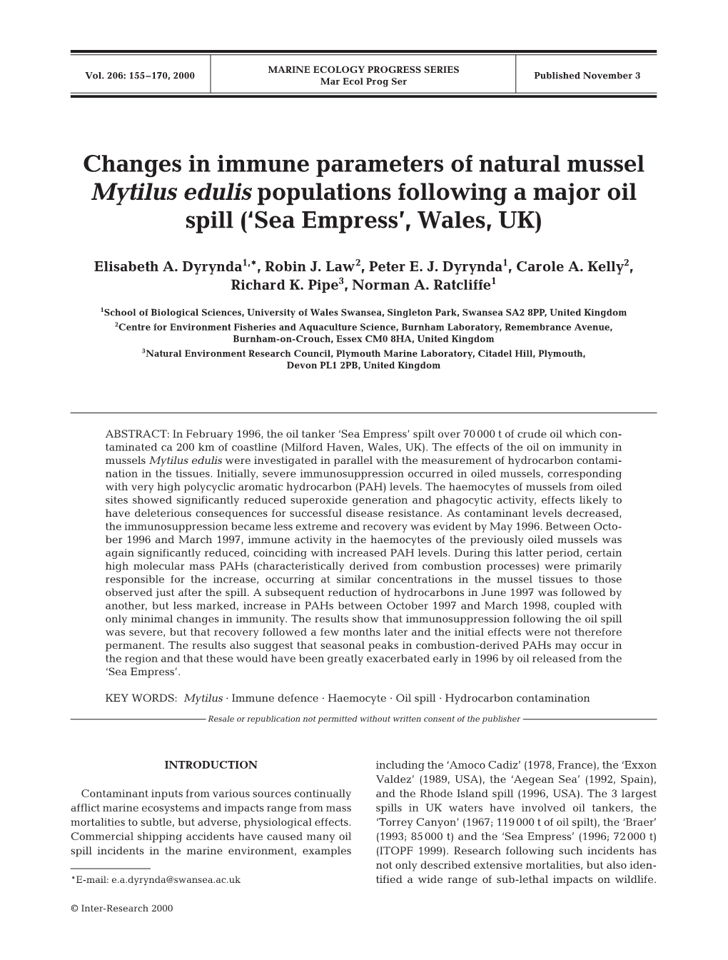 Changes in Immune Parameters of Natural Mussel Mytilus Edulis Populations Following a Major Oil Spill (‘Sea Empress’, Wales, UK)