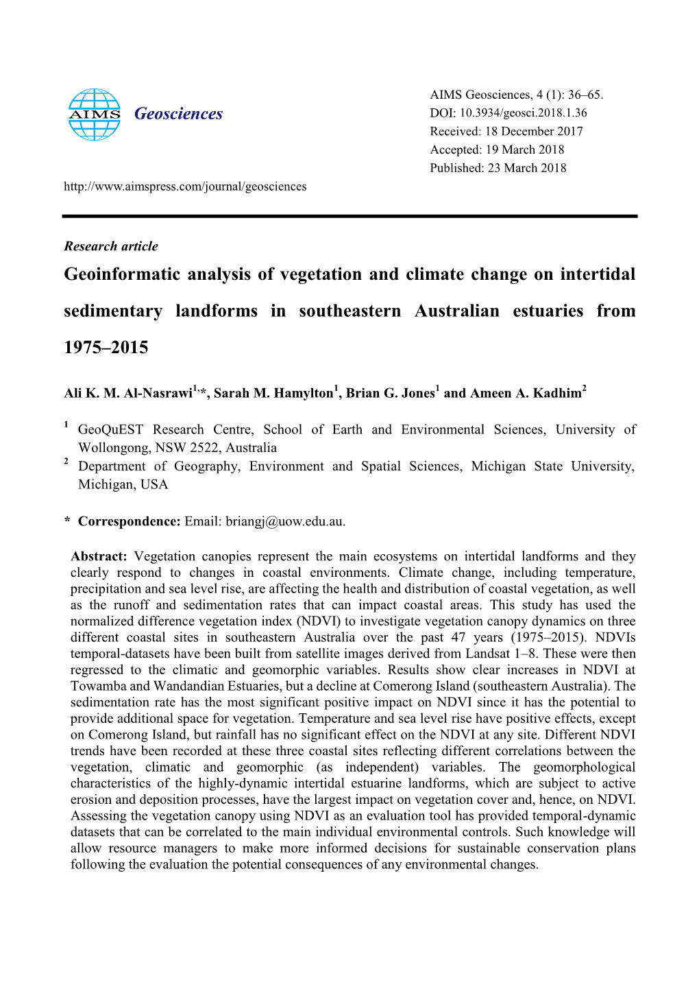 Geoinformatic Analysis of Vegetation and Climate Change on Intertidal Sedimentary Landforms in Southeastern Australian Estuaries from 1975–2015