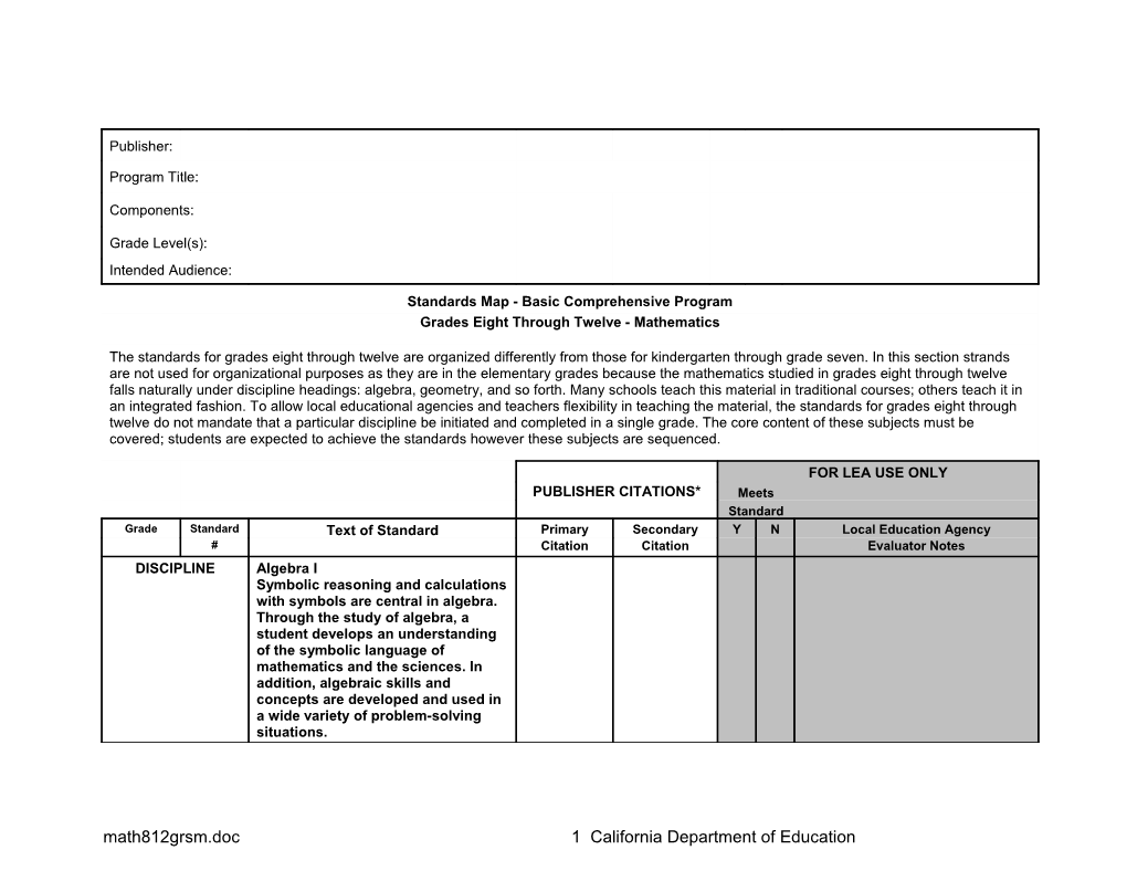 Mathematics Standards Maps Grades 9-12 - Instructional Resources (CA Dept of Education) s1