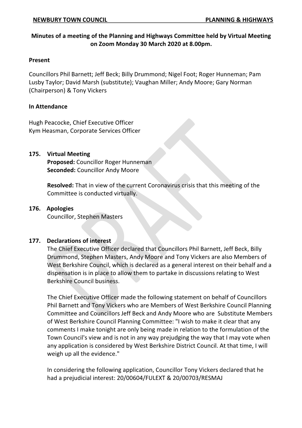 Minutes of a Meeting of the Planning and Highways Committee Held by Virtual Meeting on Zoom Monday 30 March 2020 at 8.00Pm