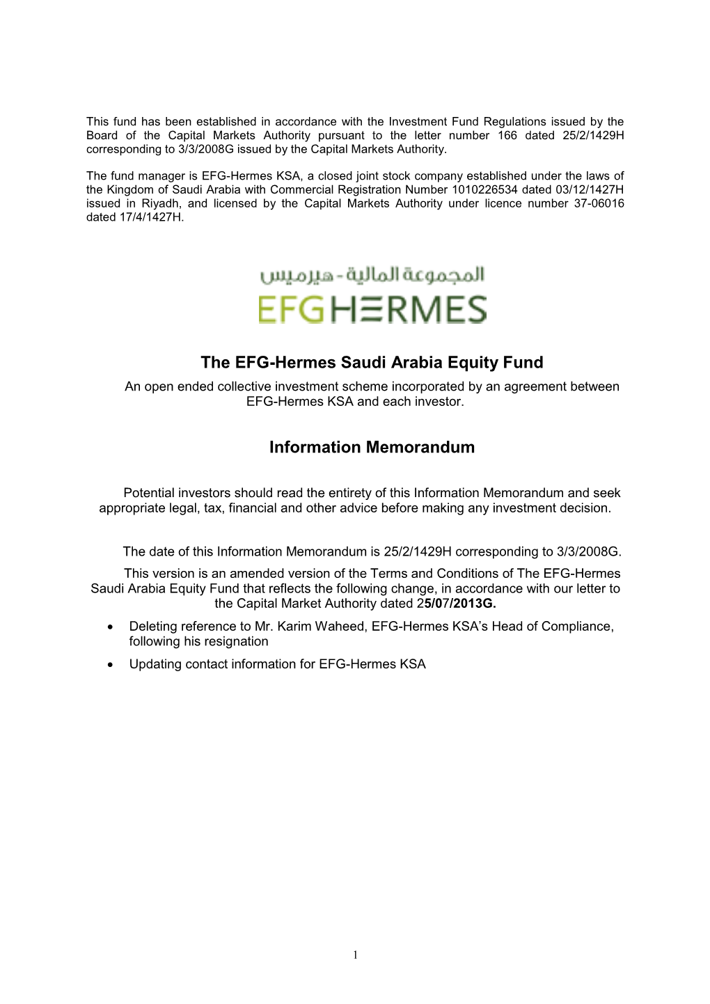 The EFG-Hermes Saudi Arabia Equity Fund Information Memorandum