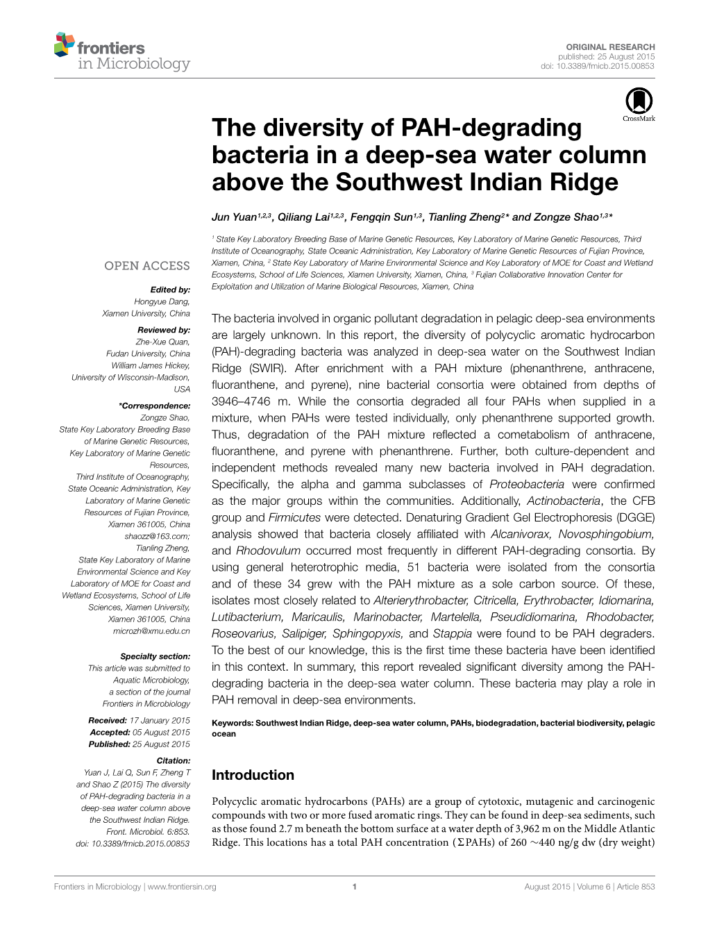 The Diversity of PAH-Degrading Bacteria in a Deep-Sea Water Column Above the Southwest Indian Ridge