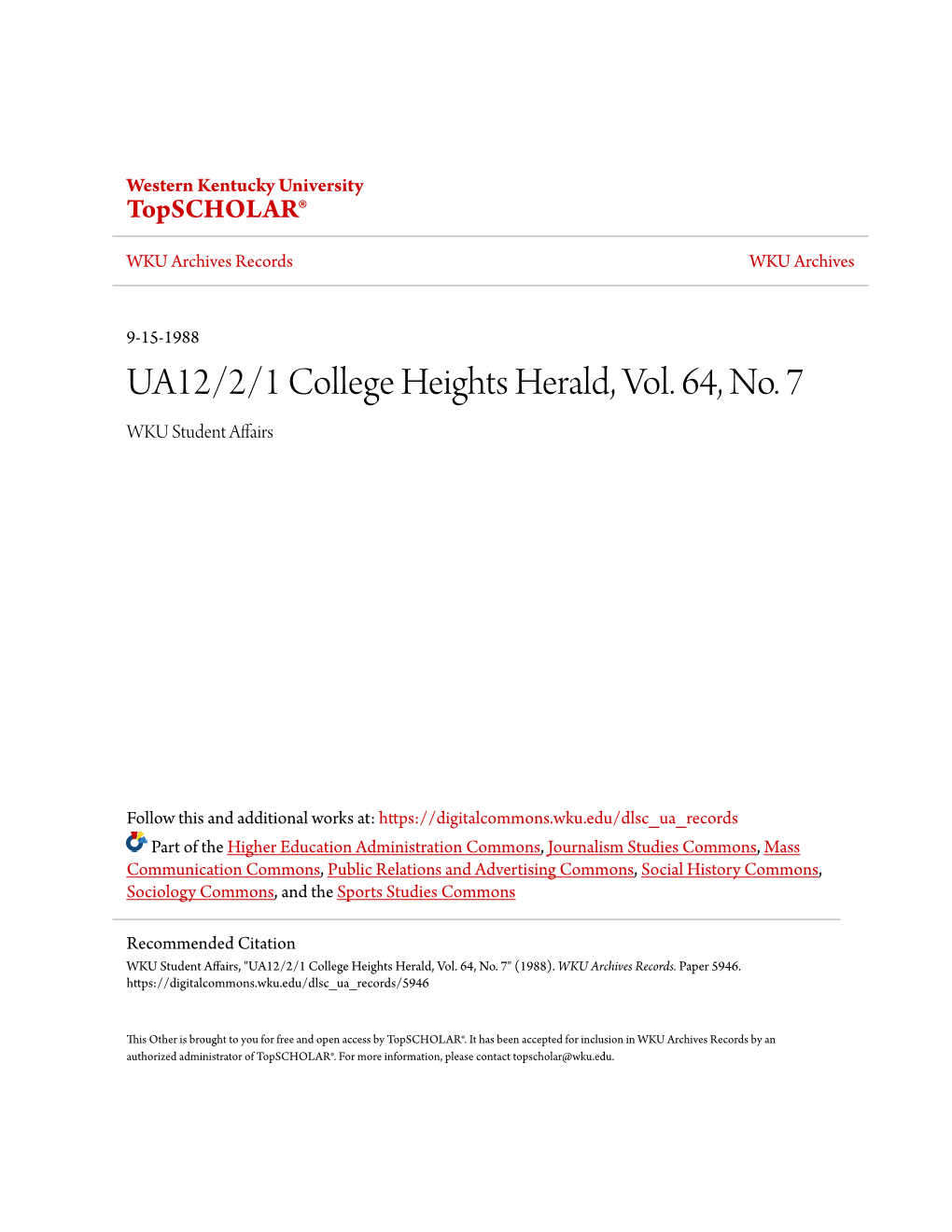 UA12/2/1 College Heights Herald, Vol. 64, No. 7 WKU Student Affairs