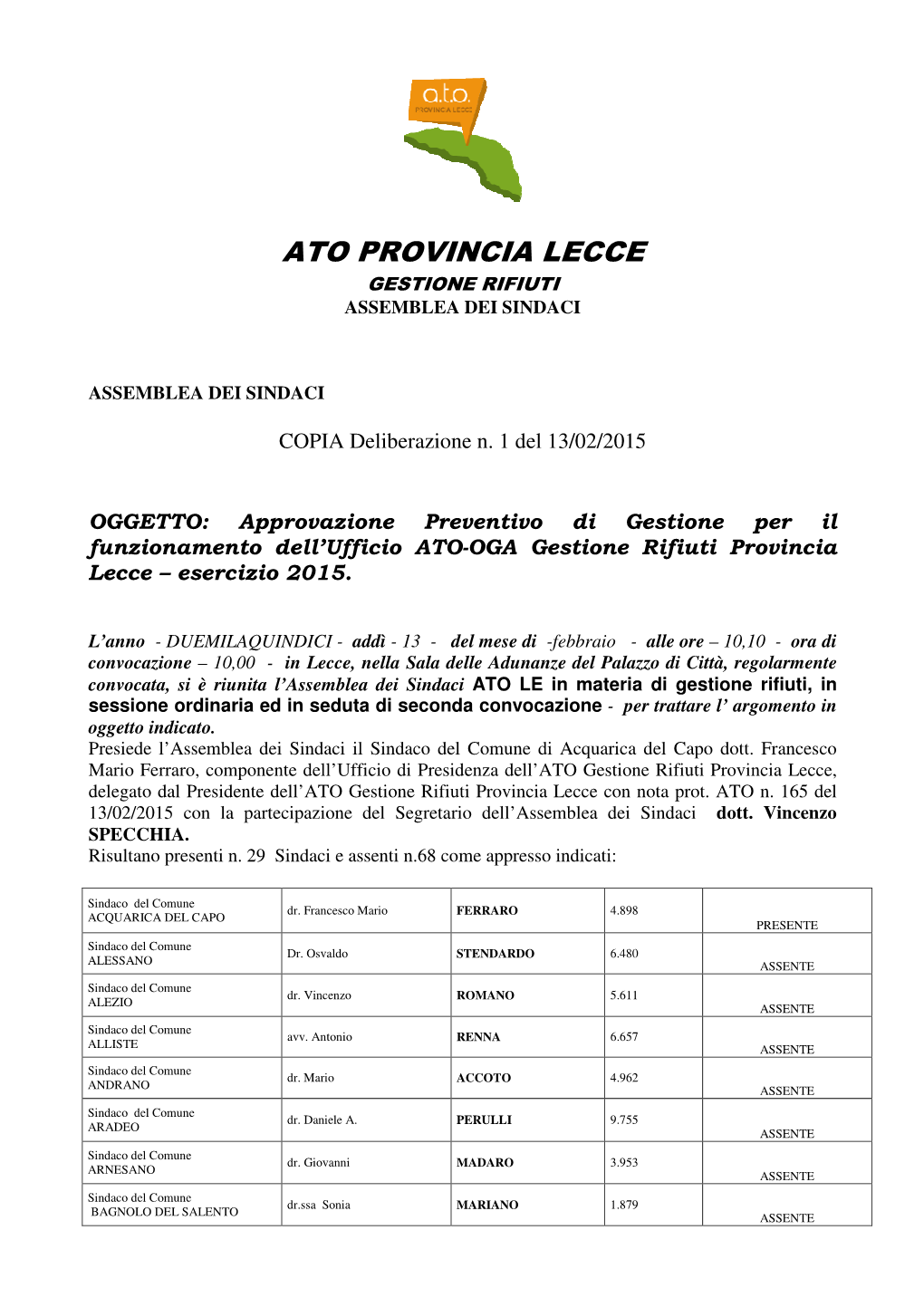 Ato Provincia Lecce Gestione Rifiuti Assemblea Dei Sindaci