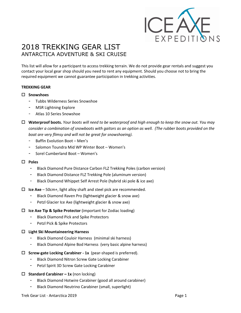 2018 Trekking Gear List for Antarctica Adventure